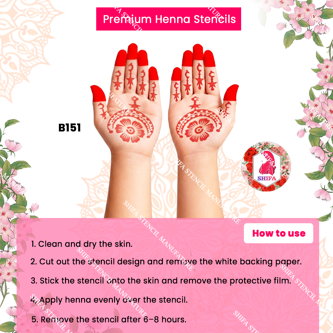 B151 (age 5 to 10) Crescent Star Blossom Charm Double Hand Henna Stencil